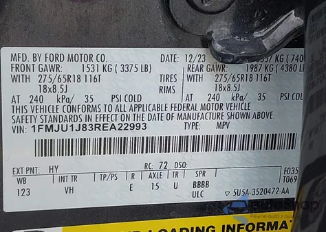 2024 Ford Expedition Xlt из США, поврежденный, VIN 1FMJU1J83REA22993